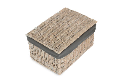 LARGE WHITE WASH FINISH STORAGE HAMPER with GREY SAGE LINING