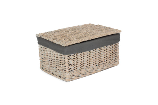 LARGE WHITE WASH FINISH STORAGE HAMPER with GREY SAGE LINING