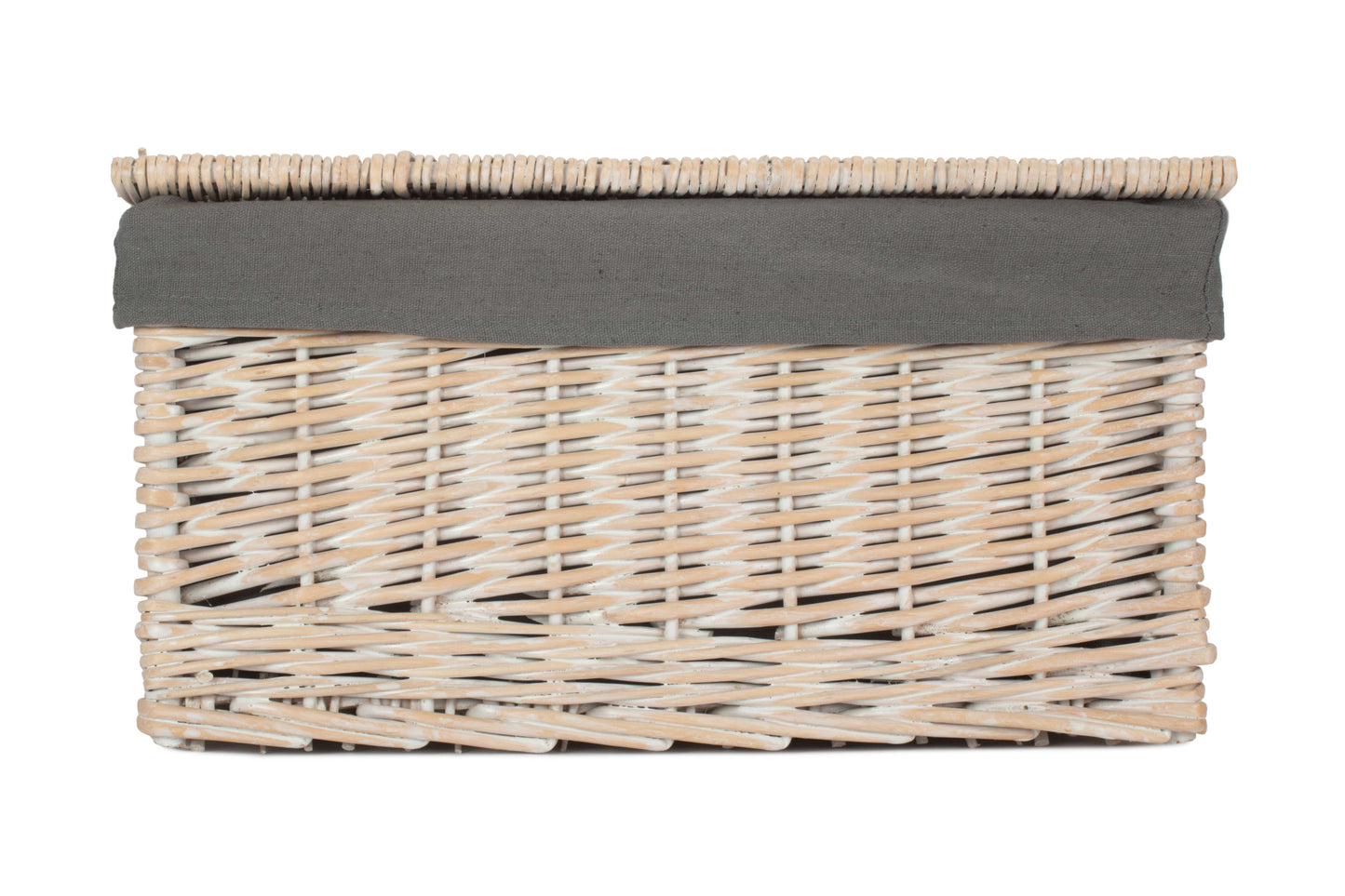 LARGE WHITE WASH FINISH STORAGE HAMPER with GREY SAGE LINING