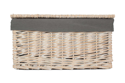 LARGE WHITE WASH FINISH STORAGE HAMPER with GREY SAGE LINING