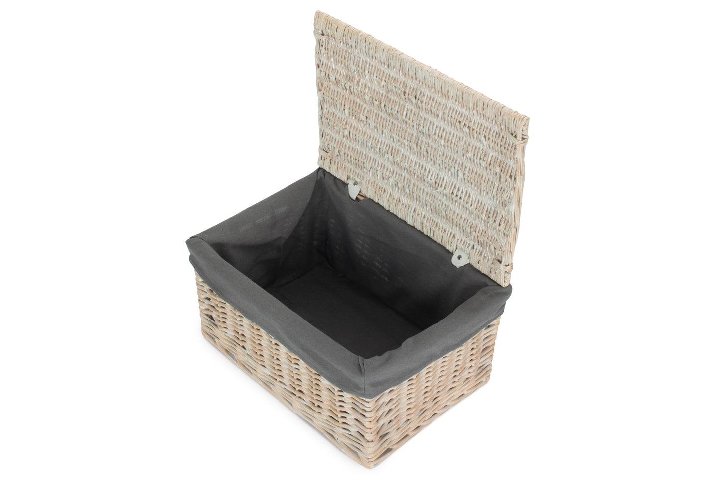 LARGE WHITE WASH FINISH STORAGE HAMPER with GREY SAGE LINING