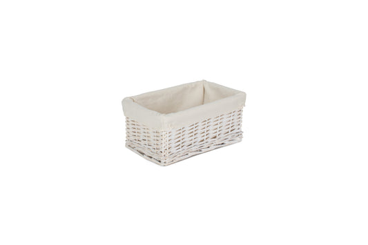 SMALL WHITE WASH WICKER STORAGE BASKET with WHITE LINING