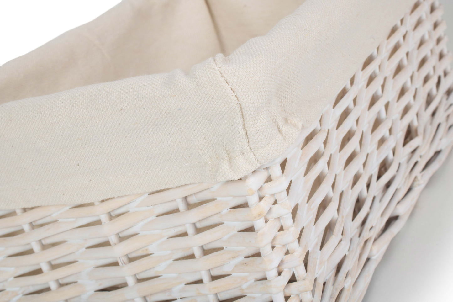 SMALL WHITE WASH WICKER STORAGE BASKET with WHITE LINING