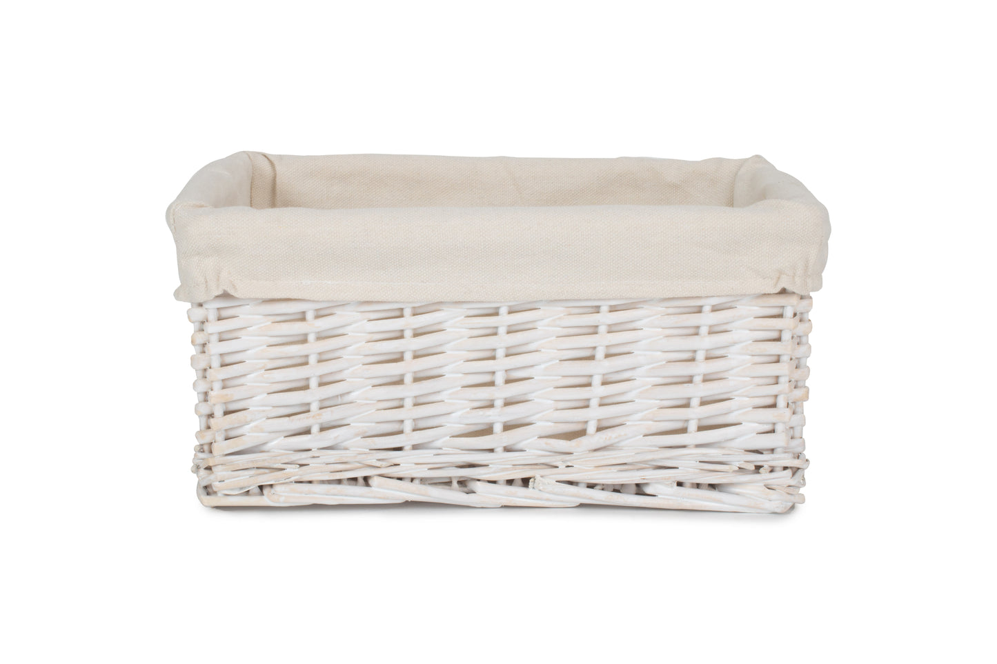 SMALL WHITE WASH WICKER STORAGE BASKET with WHITE LINING