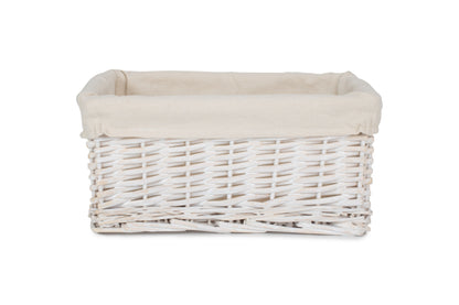 SMALL WHITE WASH WICKER STORAGE BASKET with WHITE LINING