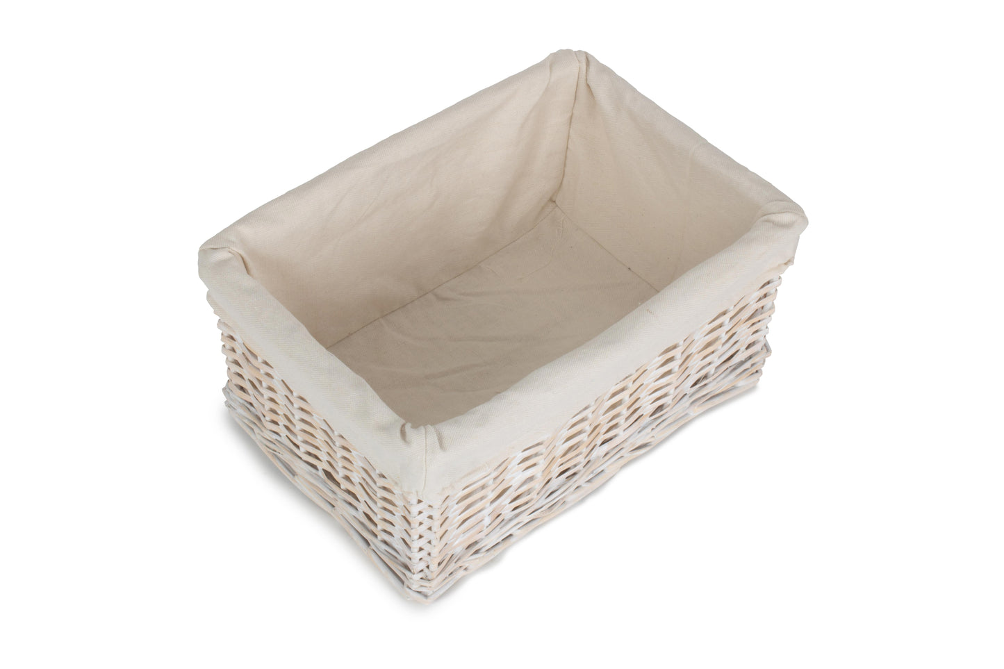 MEDIUM WHITE WASH WICKER STORAGE BASKET with WHITE LINING