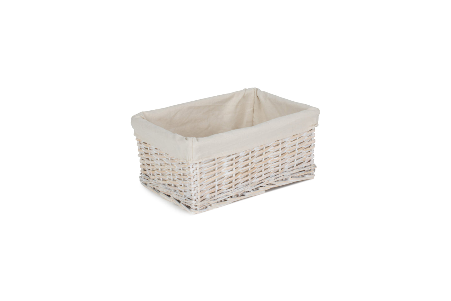 MEDIUM WHITE WASH WICKER STORAGE BASKET with WHITE LINING