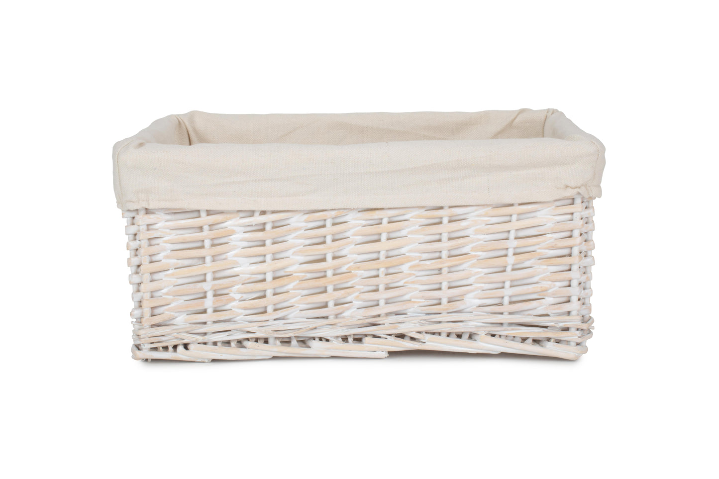 MEDIUM WHITE WASH WICKER STORAGE BASKET with WHITE LINING