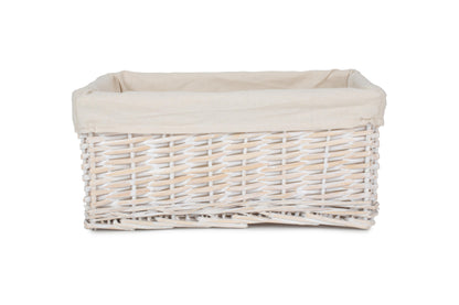 MEDIUM WHITE WASH WICKER STORAGE BASKET with WHITE LINING