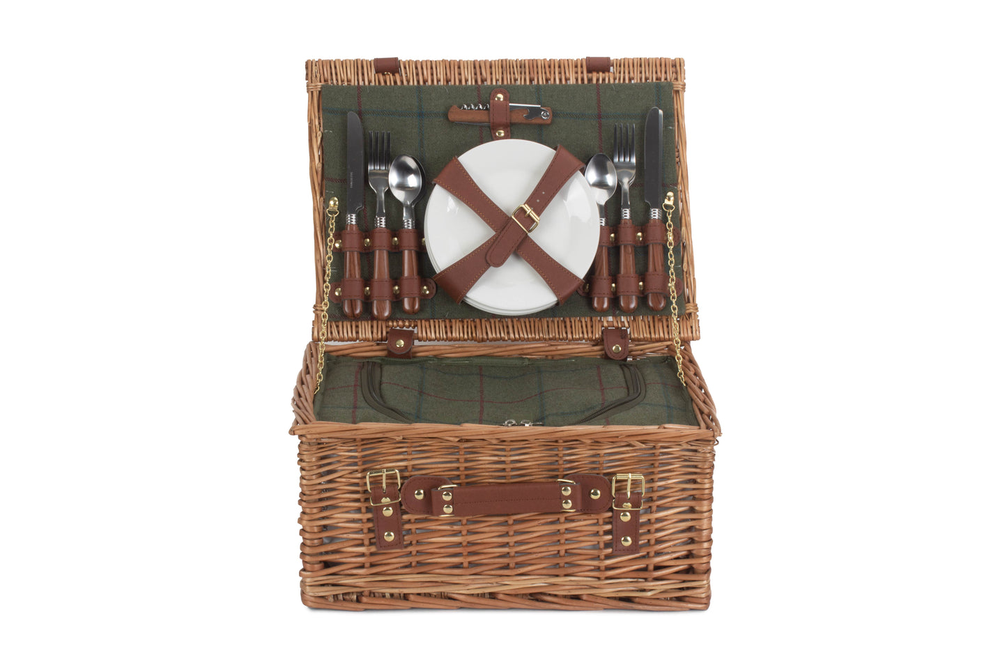 4 PERSON GREEN TWEED CLASSIC PICNIC HAMPER