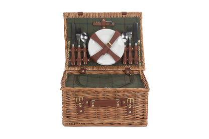 4 PERSON GREEN TWEED CLASSIC PICNIC HAMPER