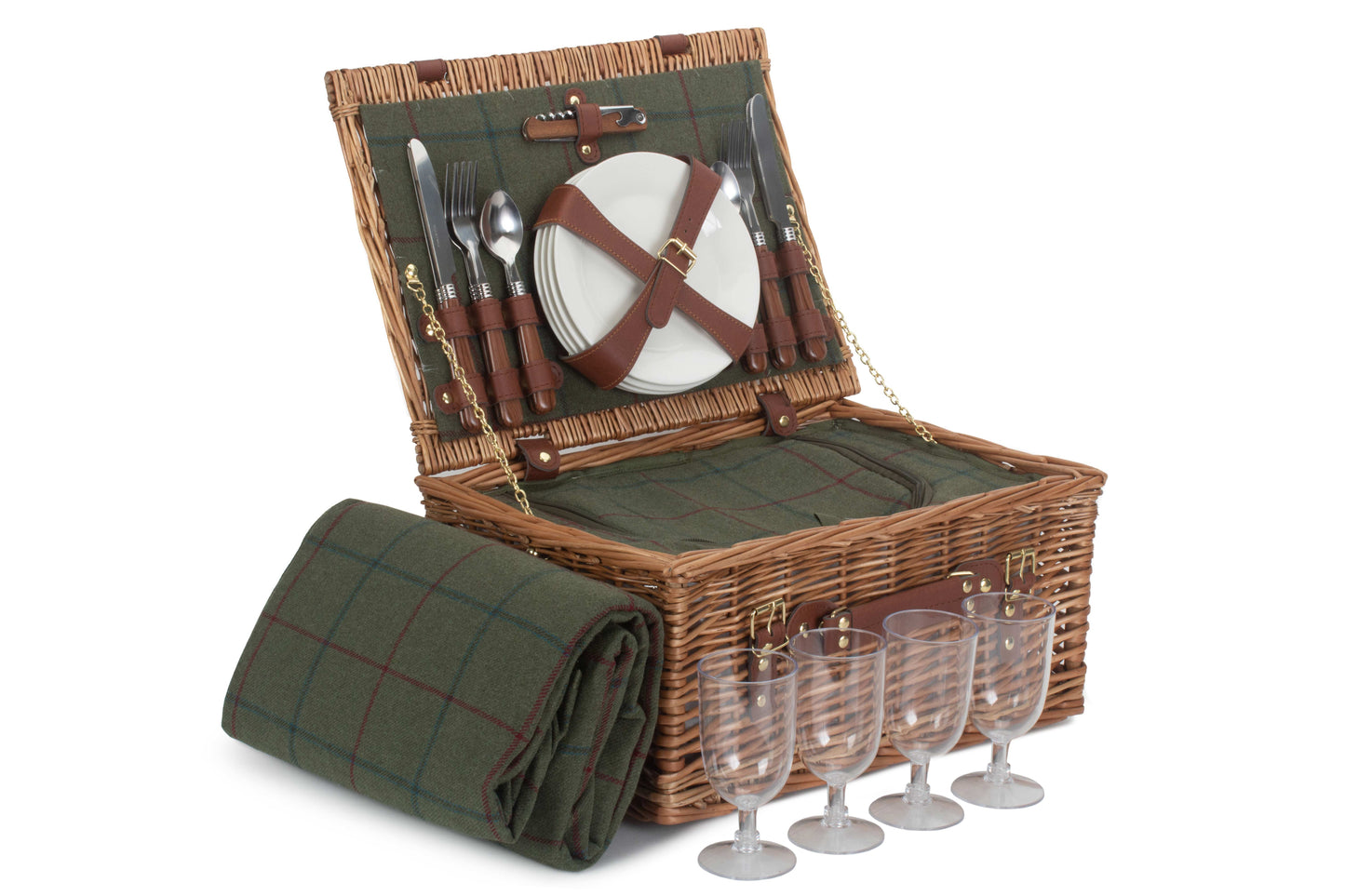 4 PERSON GREEN TWEED CLASSIC PICNIC HAMPER