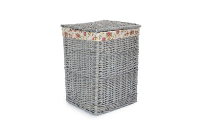 SMALL GREY WASH SQUARE LAUNDRY BASKET with GARDEN ROSE LINING
