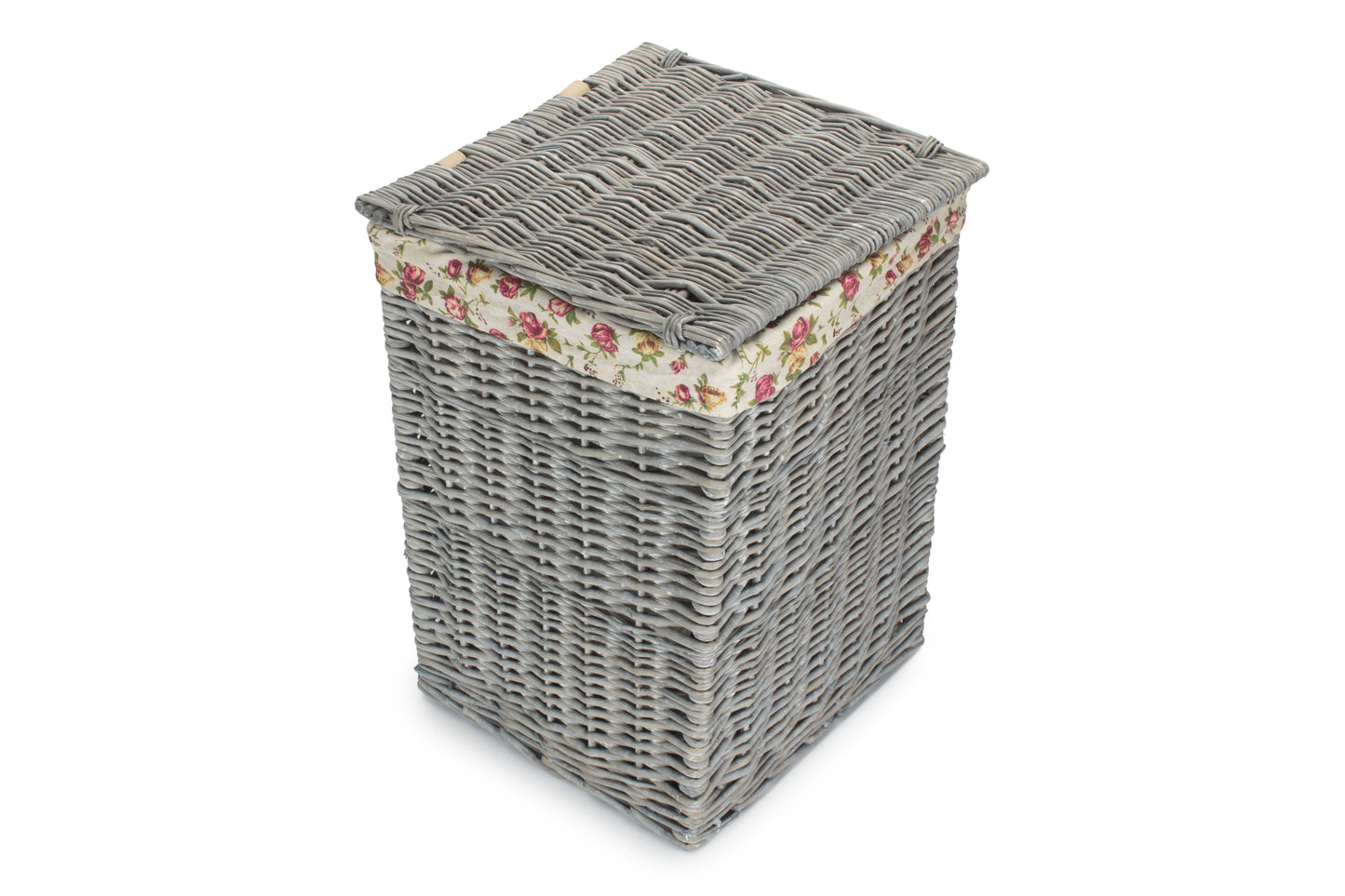SMALL GREY WASH SQUARE LAUNDRY BASKET with GARDEN ROSE LINING