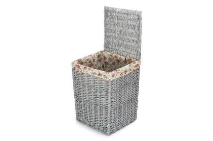 SMALL GREY WASH SQUARE LAUNDRY BASKET with GARDEN ROSE LINING