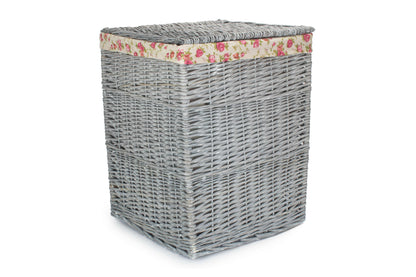 LARGE GREY WASH SQUARE LAUNDRY BASKET with GARDEN ROSE LINING