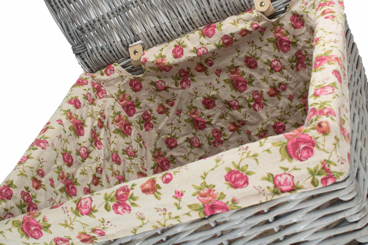 LARGE GREY WASH SQUARE LAUNDRY BASKET with GARDEN ROSE LINING