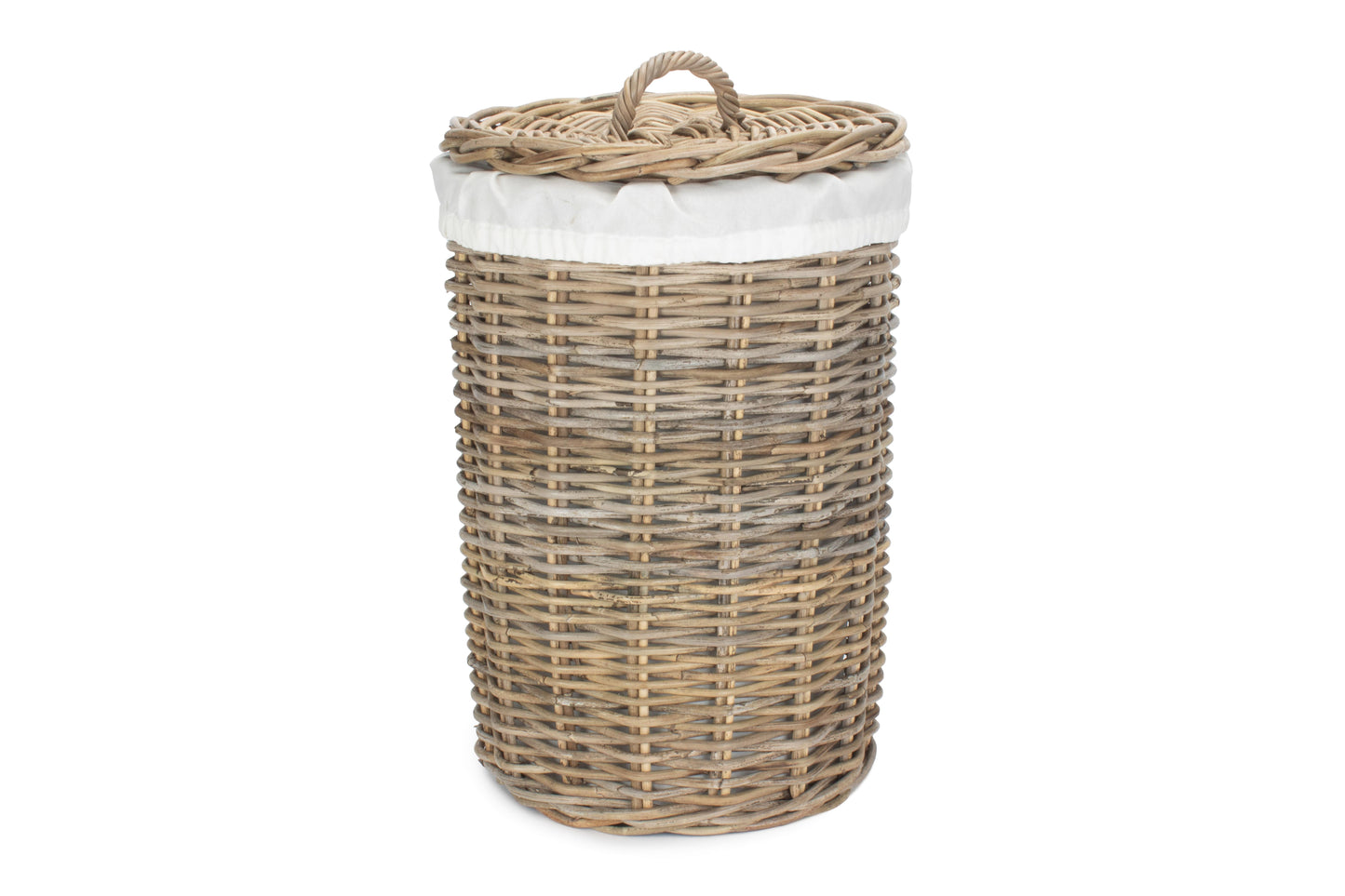 SMALL ROUND RATTAN LAUNDRY HAMPER BASKET with WHITE LINING