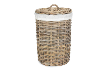 SMALL ROUND RATTAN LAUNDRY HAMPER BASKET with WHITE LINING