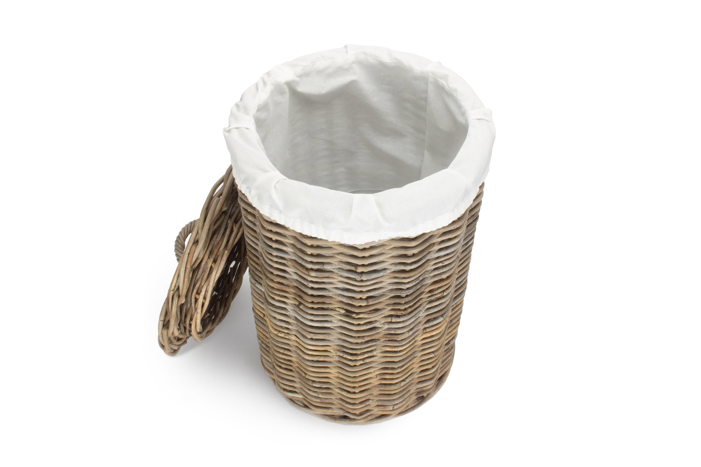 SMALL ROUND RATTAN LAUNDRY HAMPER BASKET with WHITE LINING