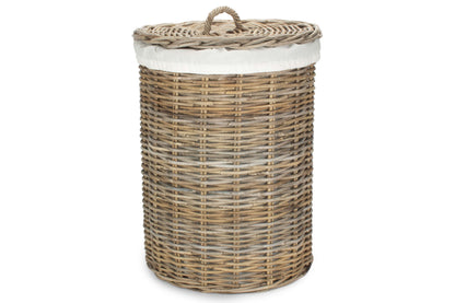 LARGE ROUND RATTAN LAUNDRY HAMPER BASKET with WHITE LINING