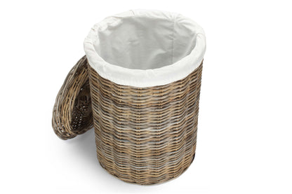 LARGE ROUND RATTAN LAUNDRY HAMPER BASKET with WHITE LINING