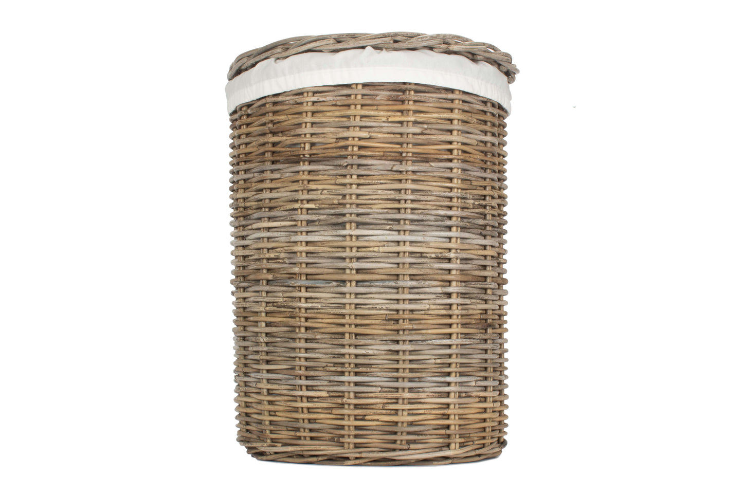 LARGE ROUND RATTAN LAUNDRY HAMPER BASKET with WHITE LINING