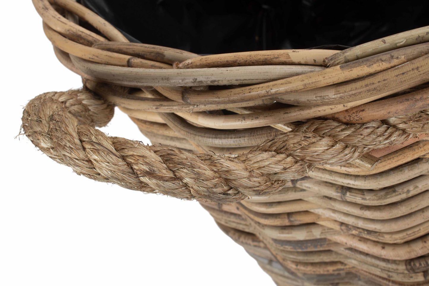 MEDIUM ROPE HANDLED RATTAN ROUND PLANTER with PLASTIC LINING