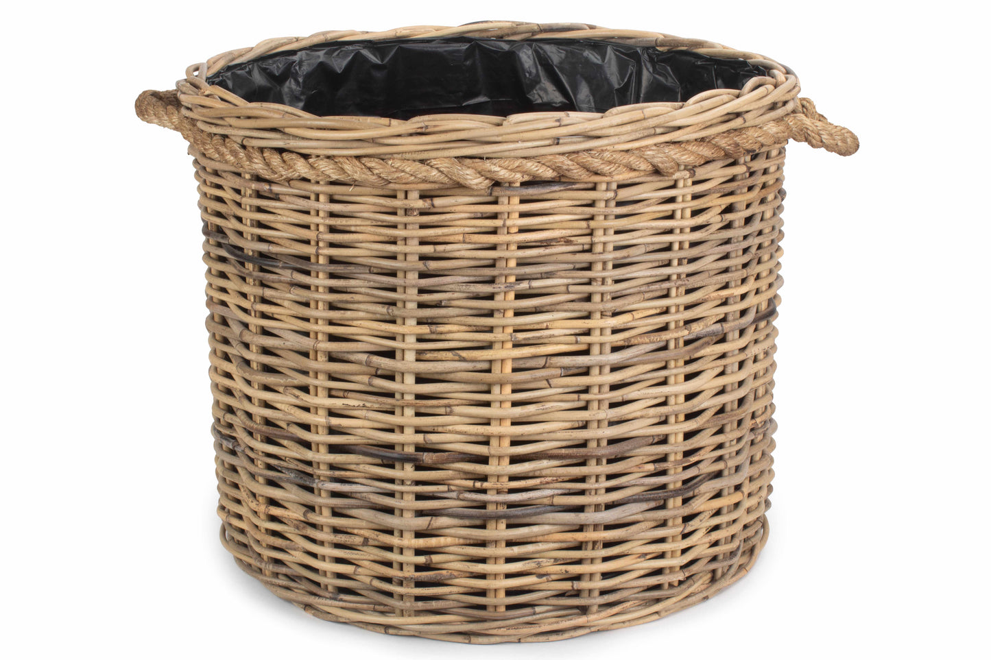 LARGE ROPE HANDLED RATTAN ROUND PLANTER with PLASTIC LINING