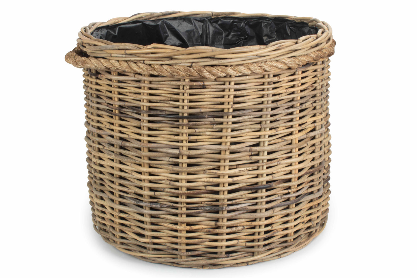 LARGE ROPE HANDLED RATTAN ROUND PLANTER with PLASTIC LINING