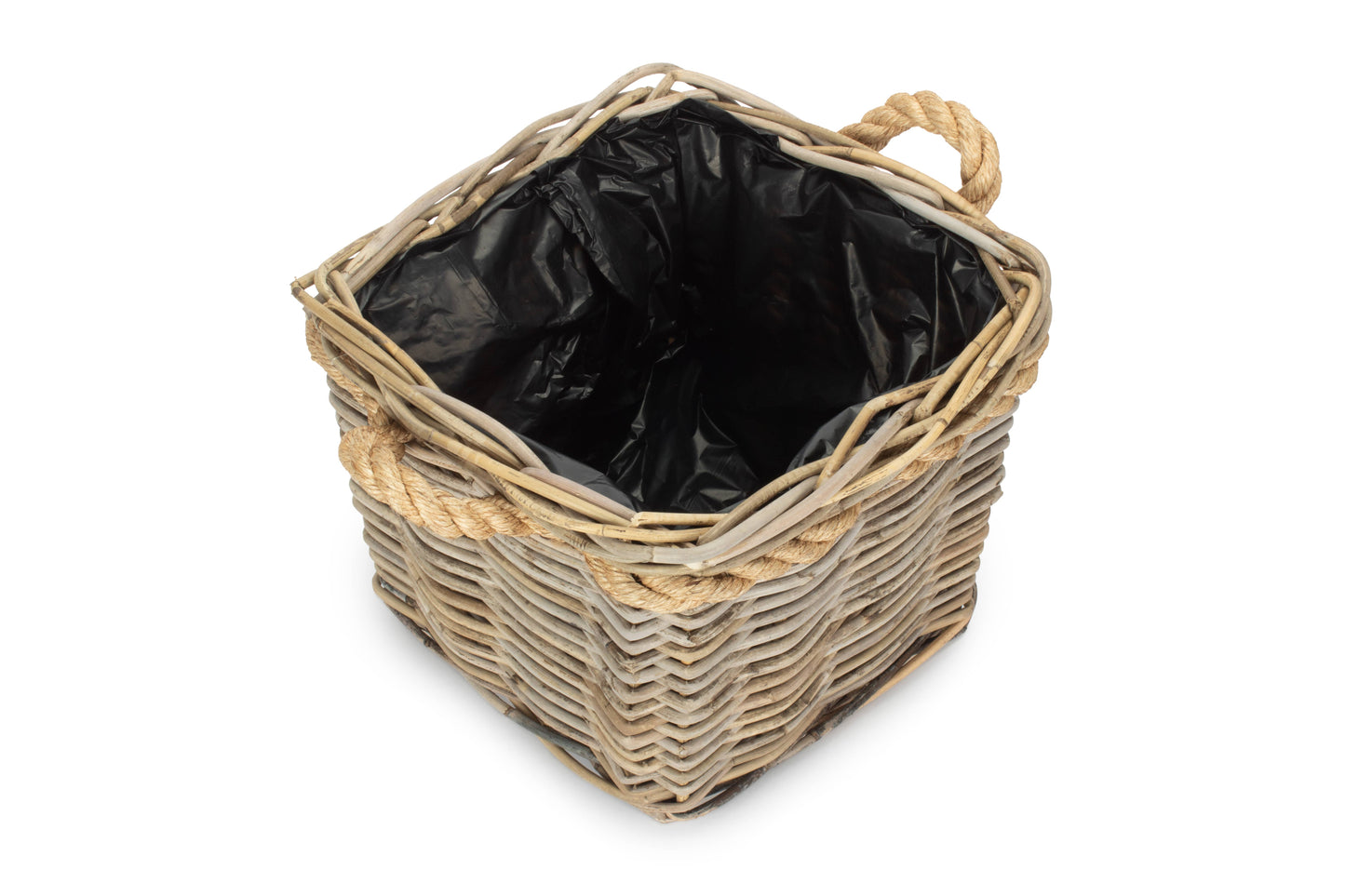 SMALL SQUARE TAPERED ROPE HANDLED RATTAN PLANTER with PLASTIC LINING