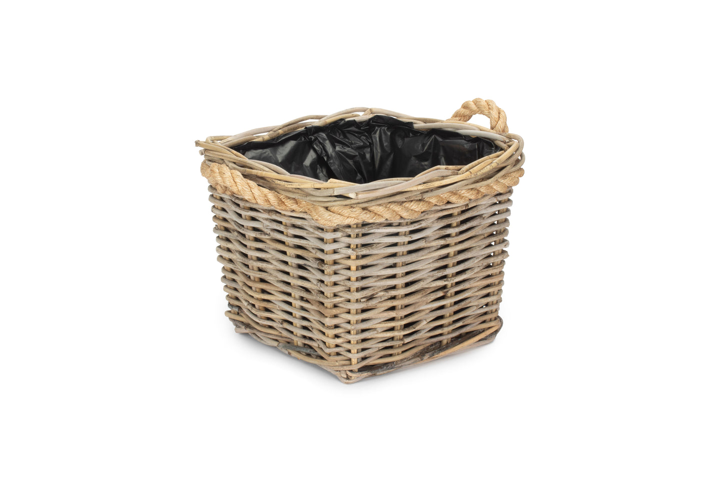 SMALL SQUARE TAPERED ROPE HANDLED RATTAN PLANTER with PLASTIC LINING