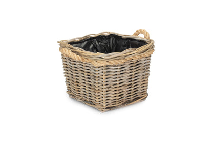 SMALL SQUARE TAPERED ROPE HANDLED RATTAN PLANTER with PLASTIC LINING