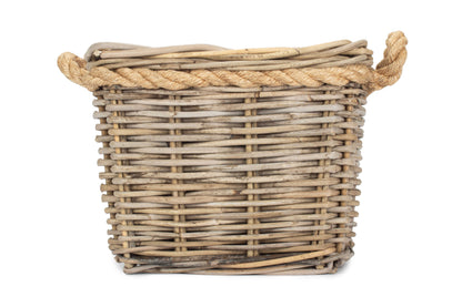 SMALL SQUARE TAPERED ROPE HANDLED RATTAN PLANTER with PLASTIC LINING