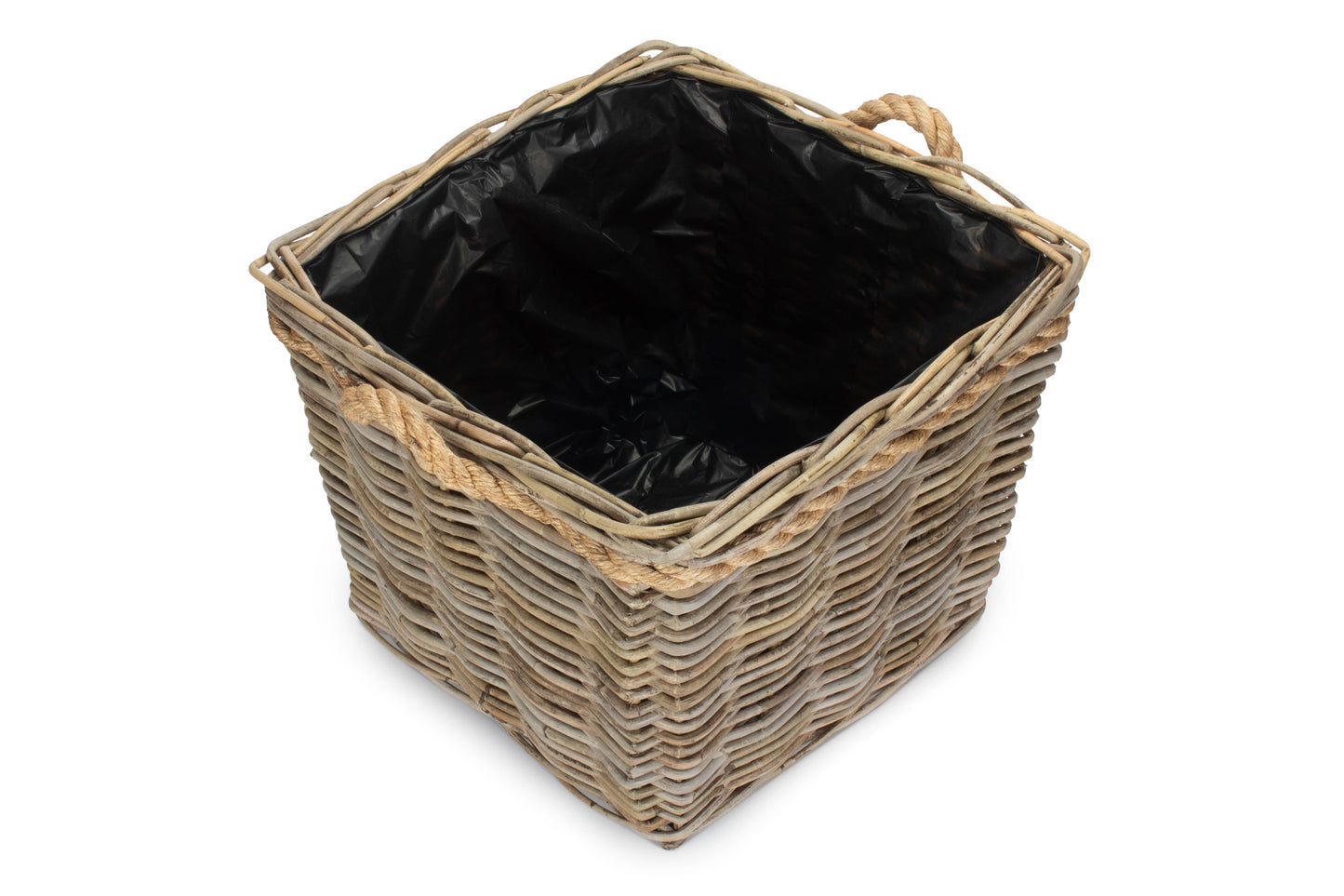 MEDIUM SQUARE TAPERED ROPE HANDLED RATTAN PLANTER with PLASTIC LINING