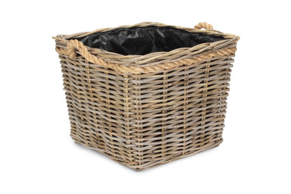 MEDIUM SQUARE TAPERED ROPE HANDLED RATTAN PLANTER with PLASTIC LINING