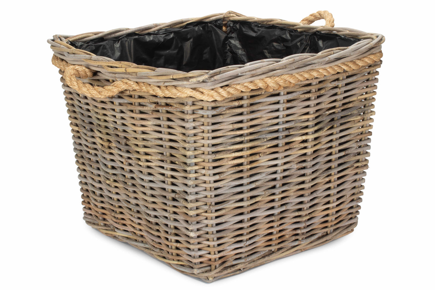 LARGE SQUARE TAPERED ROPE HANDLED RATTAN PLANTER with PLASTIC LINING