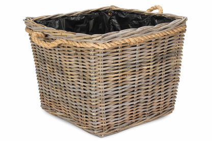 LARGE SQUARE TAPERED ROPE HANDLED RATTAN PLANTER with PLASTIC LINING