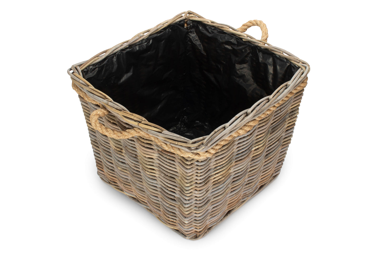 LARGE SQUARE TAPERED ROPE HANDLED RATTAN PLANTER with PLASTIC LINING