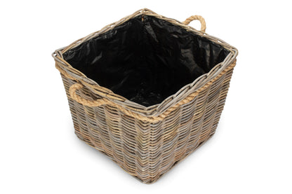 LARGE SQUARE TAPERED ROPE HANDLED RATTAN PLANTER with PLASTIC LINING