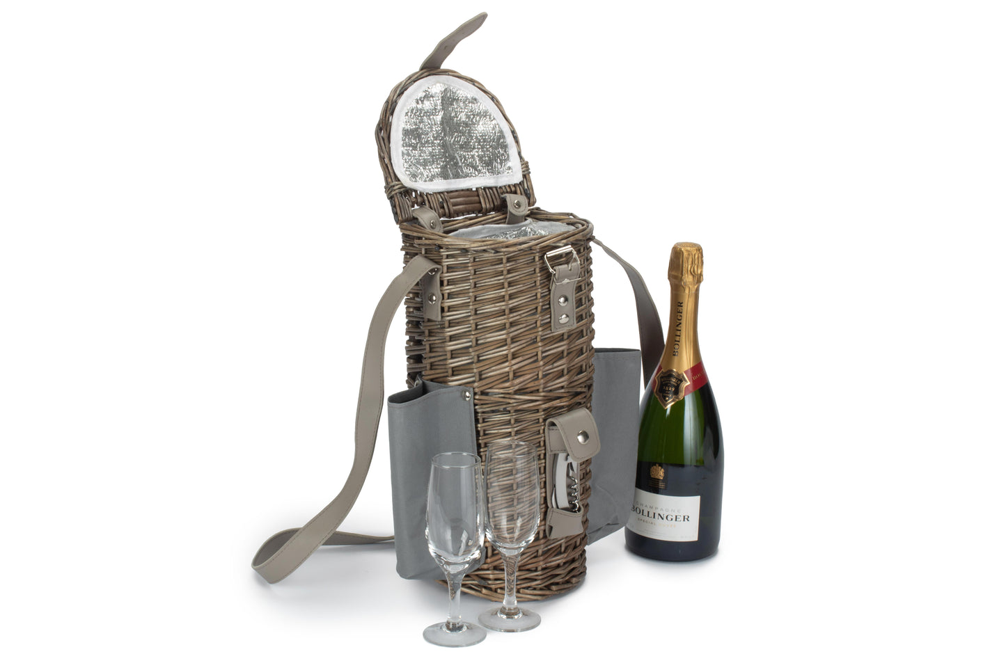 SINGLE BOTTLE & 2 CHAMPAGNE GLASS CARRIER with SHOULDER STRAP