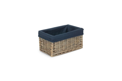 SMALL ANTIQUE WASH STORAGE BASKET with NAVY BLUE LINING