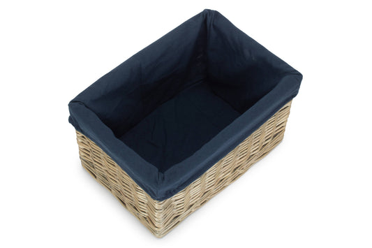 MEDIUM ANTIQUE WASH STORAGE BASKET with NAVY BLUE LINING