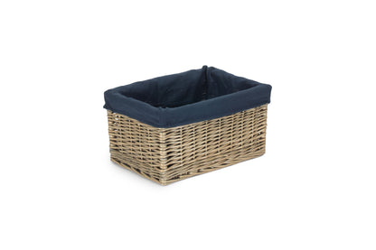 MEDIUM ANTIQUE WASH STORAGE BASKET with NAVY BLUE LINING