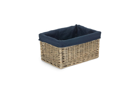 MEDIUM ANTIQUE WASH STORAGE BASKET with NAVY BLUE LINING