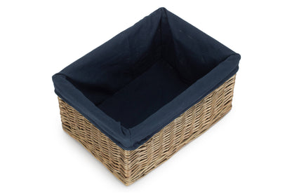 LARGE ANTIQUE WASH STORAGE BASKET with NAVY BLUE LINING