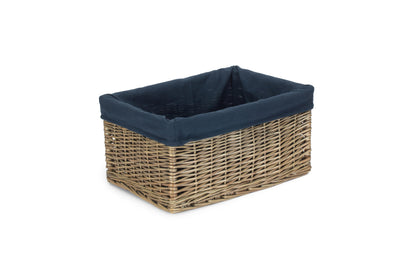 LARGE ANTIQUE WASH STORAGE BASKET with NAVY BLUE LINING