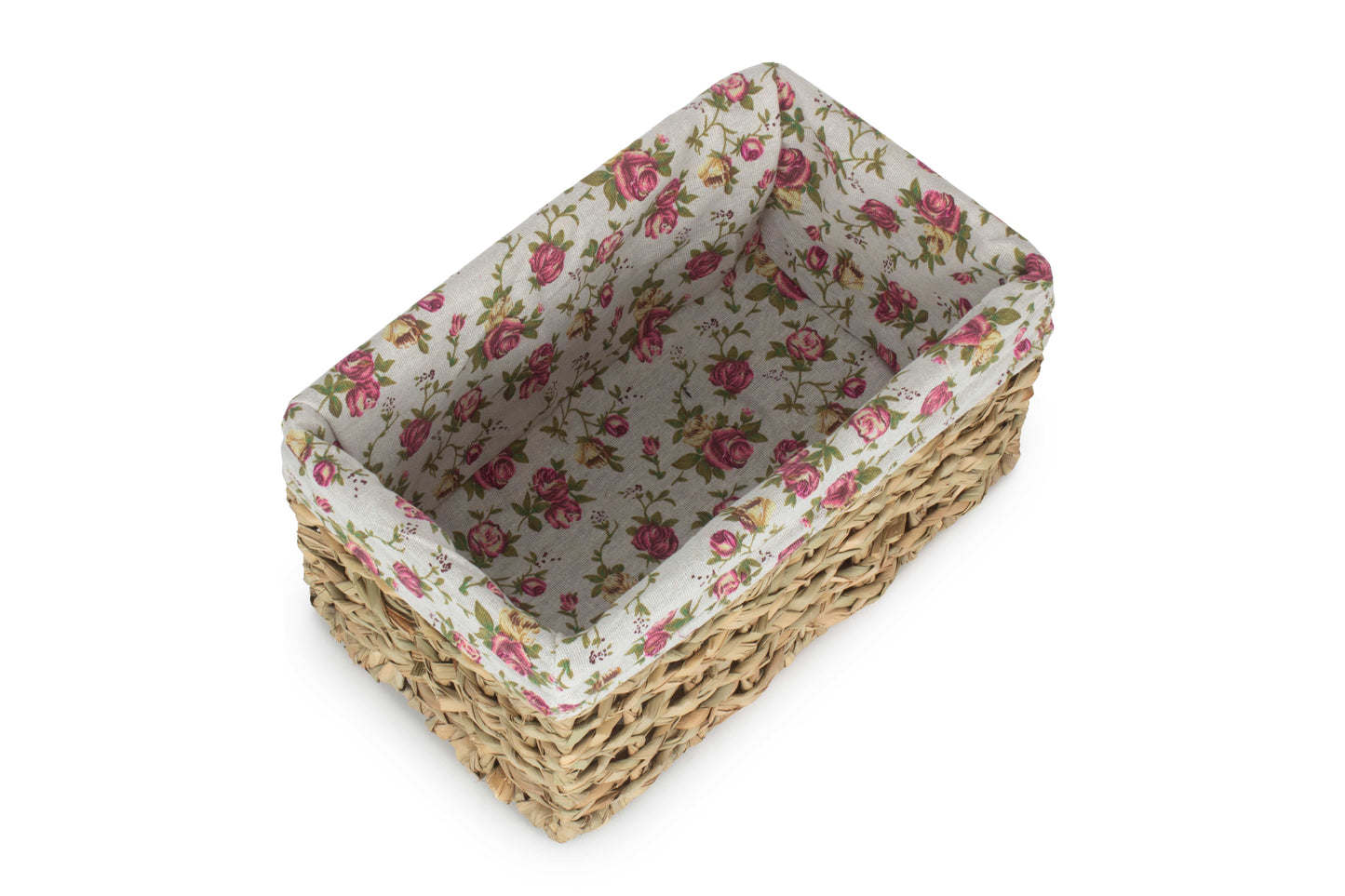 SMALL THATCH GRASS STORAGE BASKET with GARDEN ROSE LINING