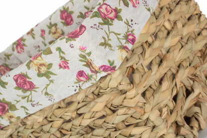 SMALL THATCH GRASS STORAGE BASKET with GARDEN ROSE LINING