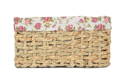 MEDIUM THATCH GRASS STORAGE BASKET with GARDEN ROSE LINING